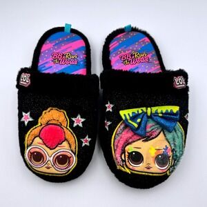 LOL Surprise Girls Black Plush Slip On Slippers BB's Run the World Size 2-3